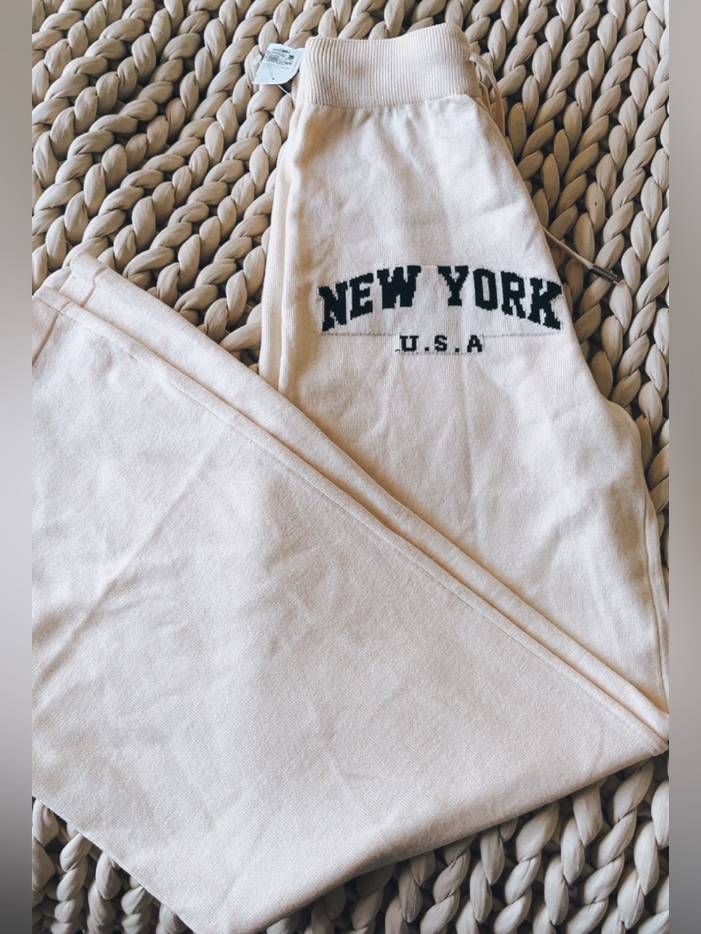 New York USA Cream Knit Lux Wide Leg Sweatpants NWT
